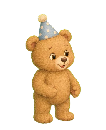 Bear, a fluffy golden-brown teddy wearing a blue spotted party hat.