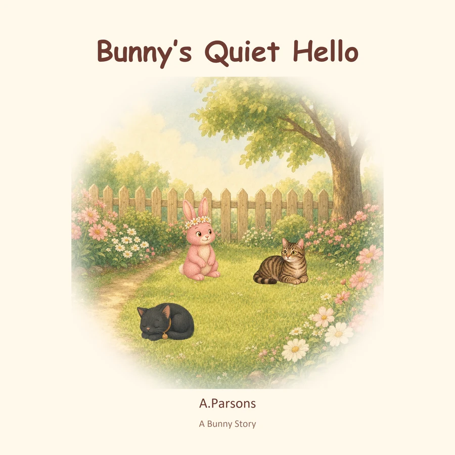 Front cover of Bunny’s Quiet Hello by A.Parsons, showing Bunny, Pumpkin and Freya.