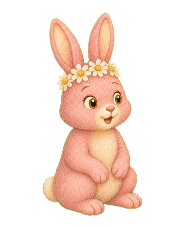 Bunny, a pink rabbit with a daisy crown.