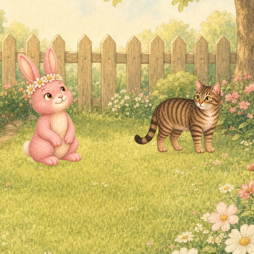 Bunny looks up as Freya waits calmly nearby.