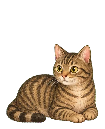 Freya, the larger adult tabby cat, resting with her ringed tail beside her.