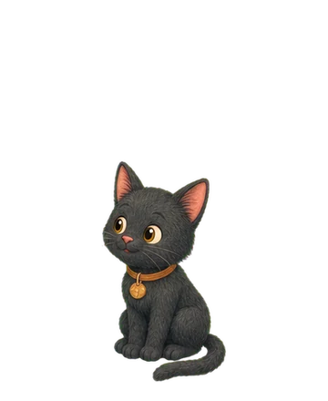 Pumpkin, a small black kitten-like cat with a ginger collar and round tag.