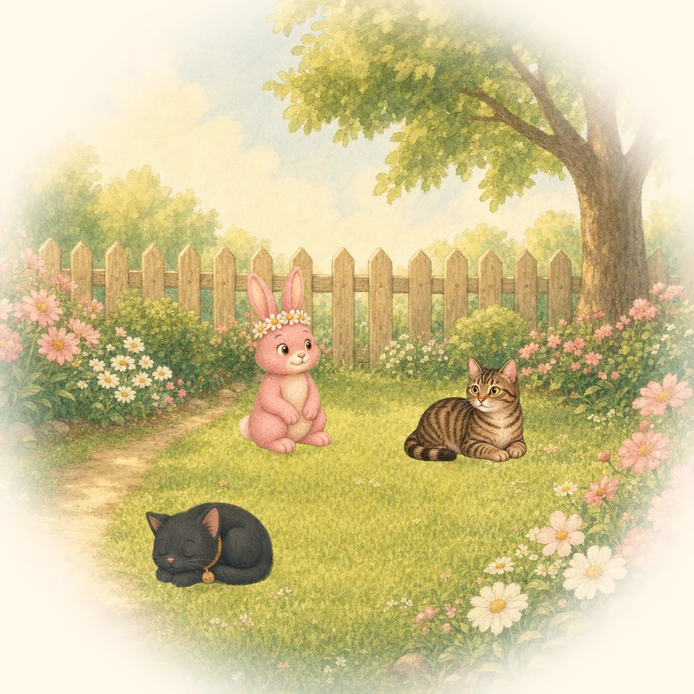 Bunny sits quietly near Freya in the sunlit garden, while little Pumpkin curls up nearby.